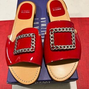 STUART WEITZMAN NIB AUTHENTIC LUXURY RED PATENT LEATHER & SILVER FLATS